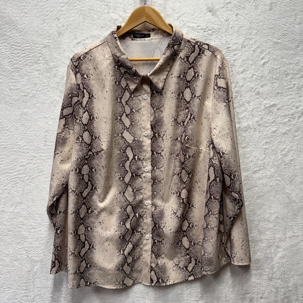 Shein Snakeskin Button Up Print Shirt Womens 4XL Curve Beige Office Siren Career